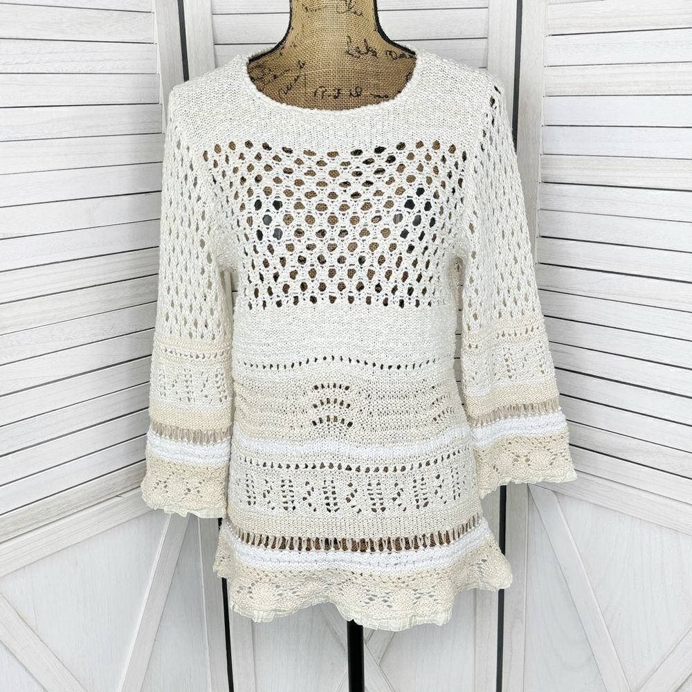 Coldwater Creek Open Weave Crochet‎ Boho Cottagecore Sweater Ivory Cream Large